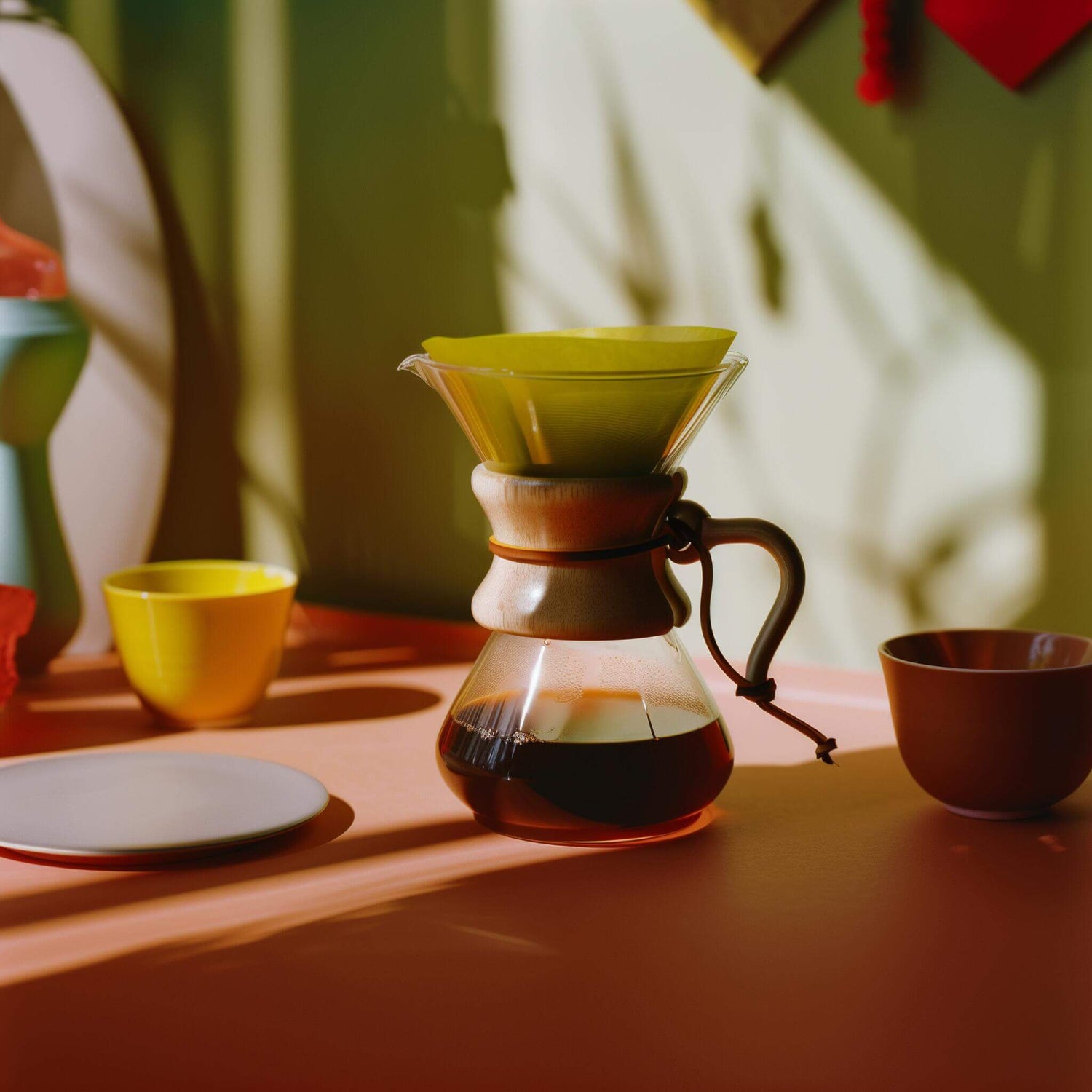 A glass coffee pot with fresh brew, representing a simple morning ritual using Cordyceps powder for jitter-free energy and cognitive support