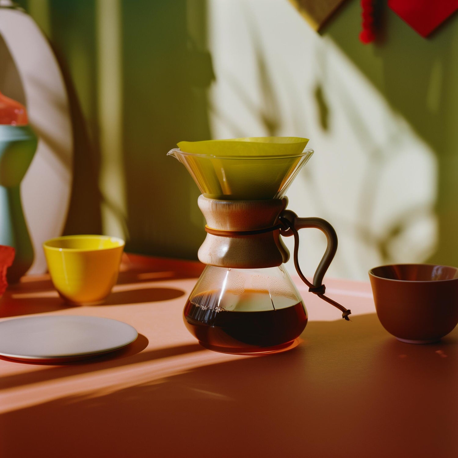 A glass coffee pot with fresh brew, representing a simple morning ritual using Cordyceps powder for jitter-free energy and cognitive support